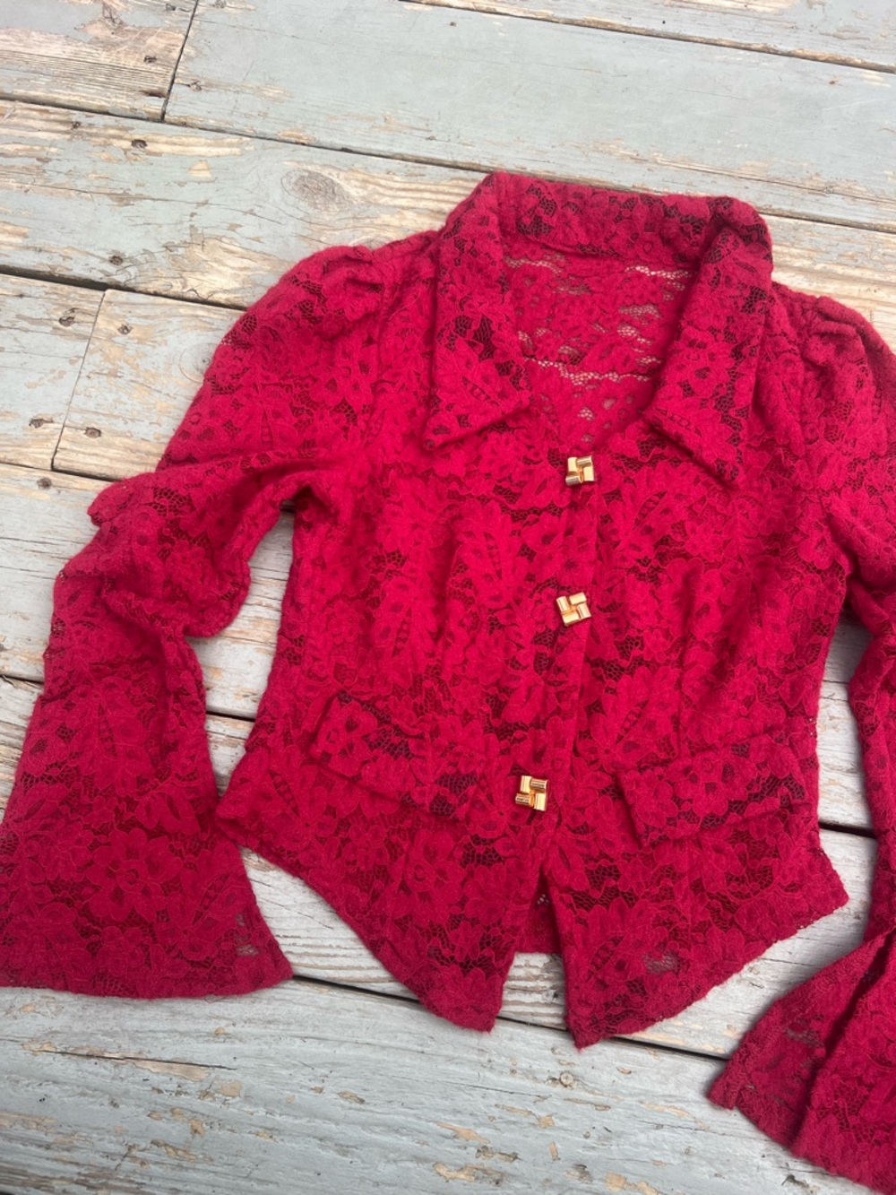 Red Lace Bell-Sleeve Blouse with square gold buttons, puff sleeve